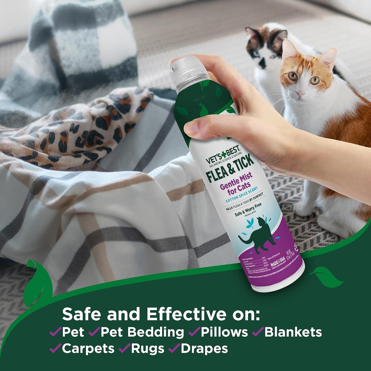 Flea & Tick Mist for Cats, Cotton Spice, Plant-Based, 6.3 Oz | Plant-Based Flea & Tick Mist, Cotton Spice Scent, Kills Fleas & Ticks on Contact, Gentle Indoor Formula for Cats