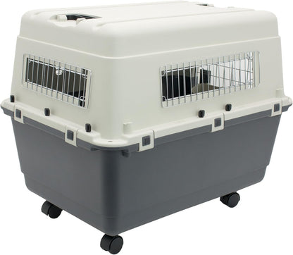 Sportpet Airline Compliant LARGE 31.5" Travel Dog Kennel-Durable Plastic Airline Pet Carrier W/ Removable Wheels & Food Bowls, Collapsible Indoor/Outdoor Dog Kennel, Dogs up to 28"L & 20"H-Cream/Gray