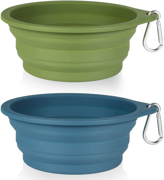 2-Pack Collapsible Dog Bowls with Integrated Molding for Travel, 600ml Capacity (Navy Blue & Dark Green)