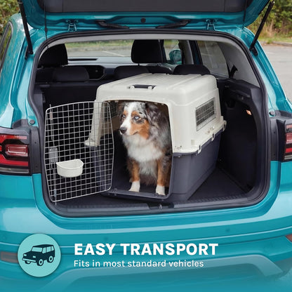 Sportpet Airline Compliant LARGE 31.5" Travel Dog Kennel-Durable Plastic Airline Pet Carrier W/ Removable Wheels & Food Bowls, Collapsible Indoor/Outdoor Dog Kennel, Dogs up to 28"L & 20"H-Cream/Gray