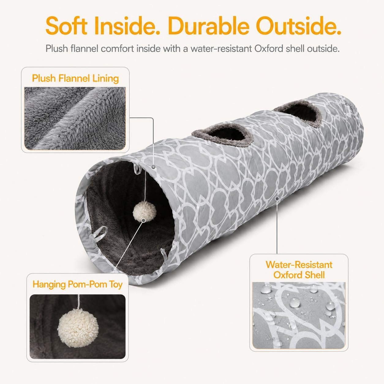 Geometric Straight Cat Tunnel with Plush Inside,Cats Toys Collapsible Tunnel Tube with Balls, for Rabbits, Kittens, Ferrets,Puppy, Diameter 9.8 Inch
