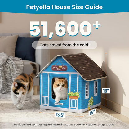 Deluxe Heated Cat House for Winter - Weatherproof, Insulated, Easy Assembly, Cat Heating Pad, Dual Escape Doors, Outdoor & Indoor Cat House - Blue Tiles Pethouse