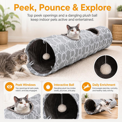 Geometric Straight Cat Tunnel with Plush Inside,Cats Toys Collapsible Tunnel Tube with Balls, for Rabbits, Kittens, Ferrets,Puppy, Diameter 9.8 Inch