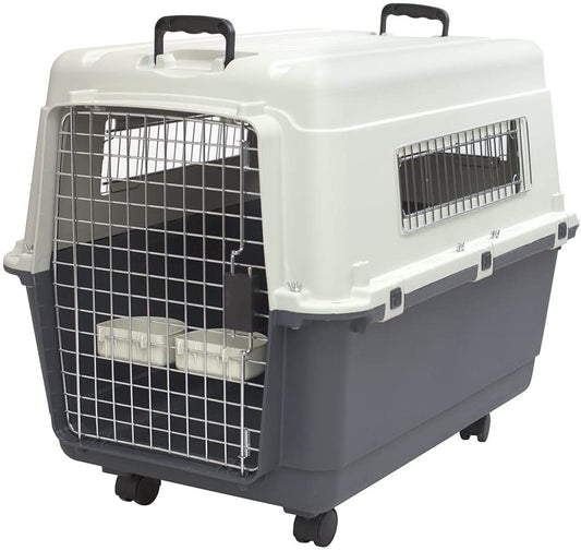 Sportpet Airline Compliant LARGE 31.5" Travel Dog Kennel-Durable Plastic Airline Pet Carrier W/ Removable Wheels & Food Bowls, Collapsible Indoor/Outdoor Dog Kennel, Dogs up to 28"L & 20"H-Cream/Gray