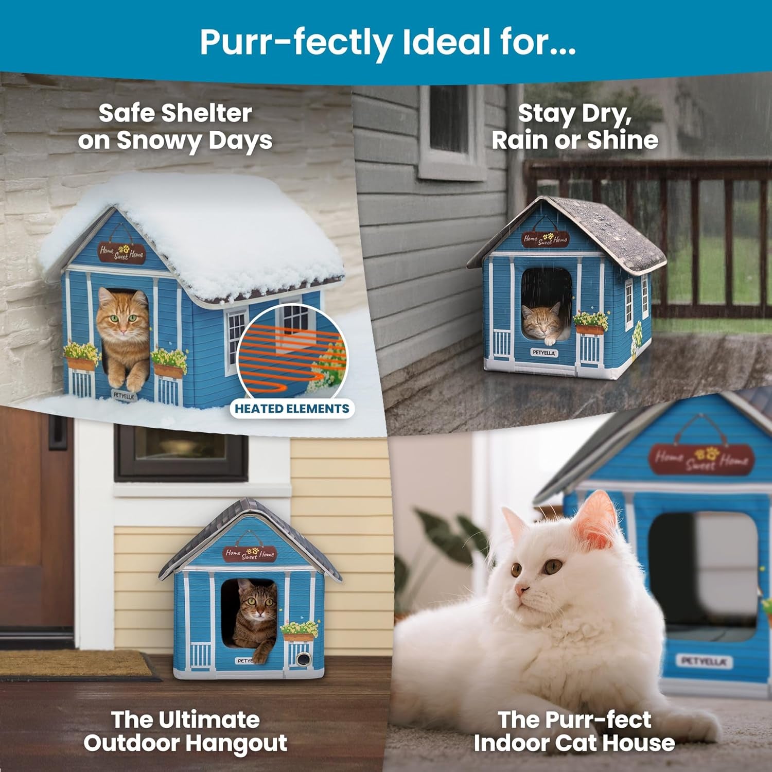 Deluxe Heated Cat House for Winter - Weatherproof, Insulated, Easy Assembly, Cat Heating Pad, Dual Escape Doors, Outdoor & Indoor Cat House - Blue Tiles Pethouse