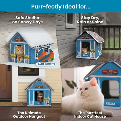 Deluxe Heated Cat House for Winter - Weatherproof, Insulated, Easy Assembly, Cat Heating Pad, Dual Escape Doors, Outdoor & Indoor Cat House - Blue Tiles Pethouse