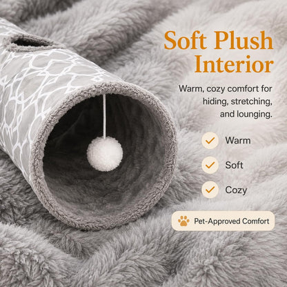 Geometric Straight Cat Tunnel with Plush Inside,Cats Toys Collapsible Tunnel Tube with Balls, for Rabbits, Kittens, Ferrets,Puppy, Diameter 9.8 Inch