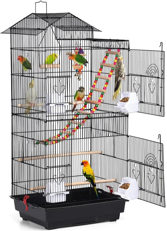 Yaheetech 39" Roof Top Flight Cage with Toys, Wrought Iron Bird Cage for Cockatiels, Conures, Lovebirds, Budgies & Small Birds