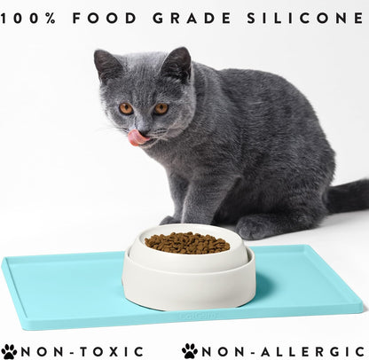 Premium Cat Food Mat, Silicone Feeding Mat for Food and Water Bowls | Extra-High Raised Edge Contains Spills. Waterproof, Non-Slip 100% Food-Grade Silicone Protects Floors/ Small, Aruba