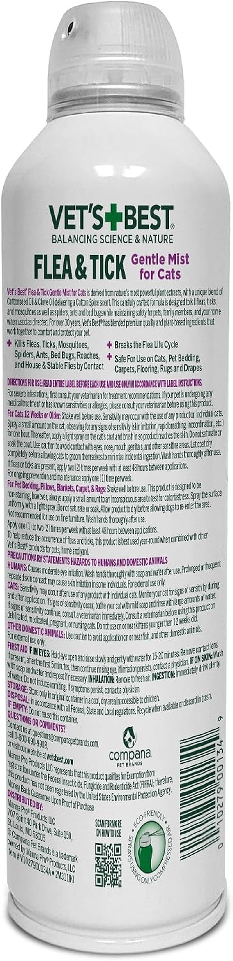 Flea & Tick Mist for Cats, Cotton Spice, Plant-Based, 6.3 Oz | Plant-Based Flea & Tick Mist, Cotton Spice Scent, Kills Fleas & Ticks on Contact, Gentle Indoor Formula for Cats