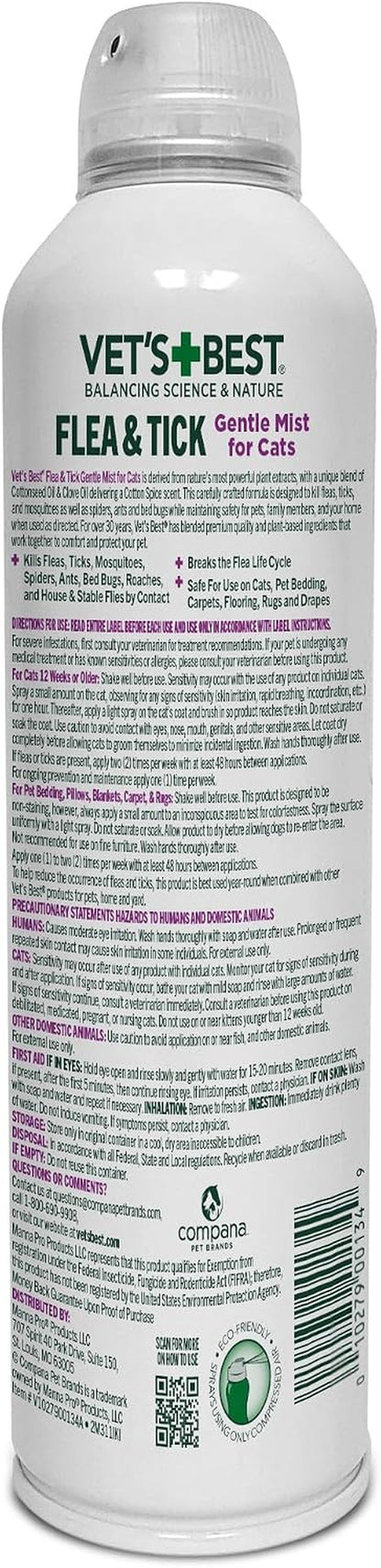 Flea & Tick Mist for Cats, Cotton Spice, Plant-Based, 6.3 Oz | Plant-Based Flea & Tick Mist, Cotton Spice Scent, Kills Fleas & Ticks on Contact, Gentle Indoor Formula for Cats