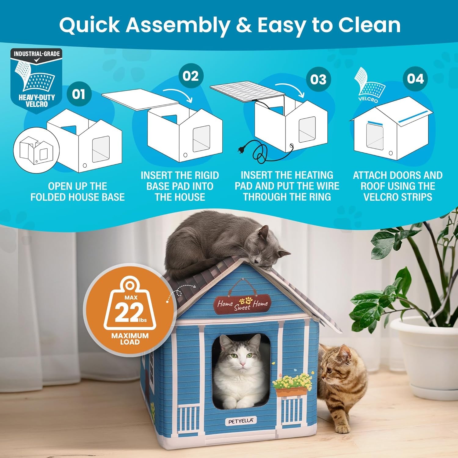 Deluxe Heated Cat House for Winter - Weatherproof, Insulated, Easy Assembly, Cat Heating Pad, Dual Escape Doors, Outdoor & Indoor Cat House - Blue Tiles Pethouse