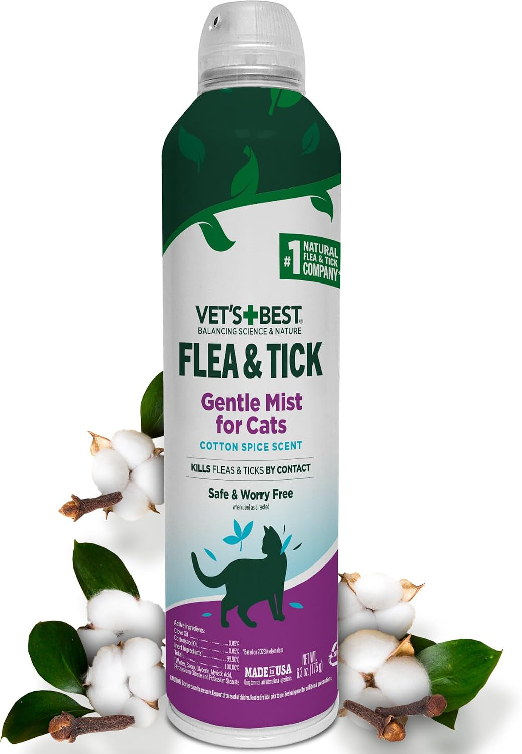 Flea & Tick Mist for Cats, Cotton Spice, Plant-Based, 6.3 Oz | Plant-Based Flea & Tick Mist, Cotton Spice Scent, Kills Fleas & Ticks on Contact, Gentle Indoor Formula for Cats